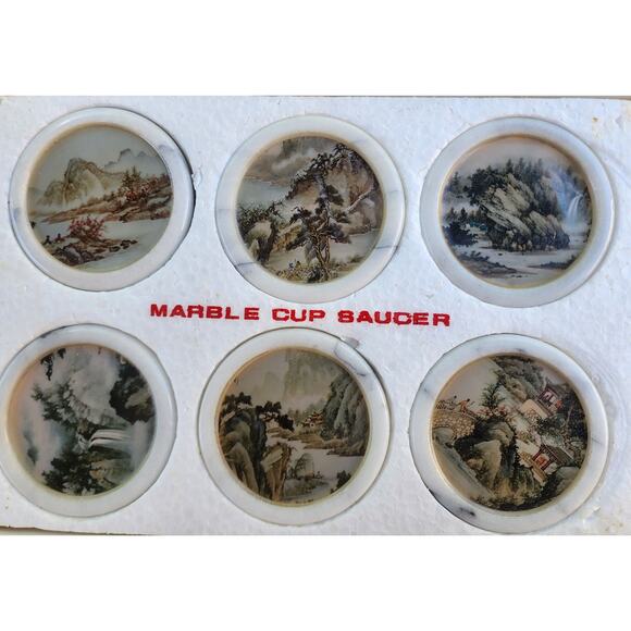 Vintage 60s Chinese Set of 6 Coasters Marble & Glass Village Landscape Barware - Picture 12 of 16